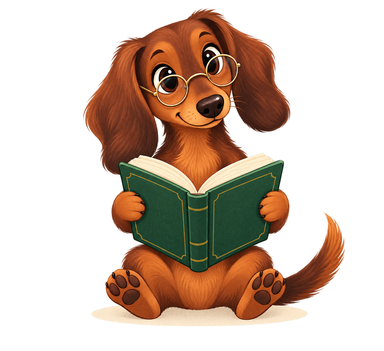 Un bassotto cartoon che legge un libro